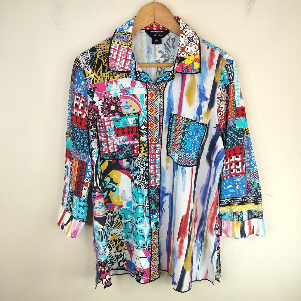 Ali Miles Button Up Shirt Womens Large Art to Wear Colorful Patchwork Eclectic